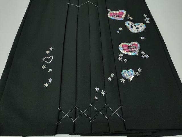 平和屋着物●女性　行灯袴　ラインストーン　スパンコール　ハート　星　黒地　洗える着物　未使用　CABE7023ut