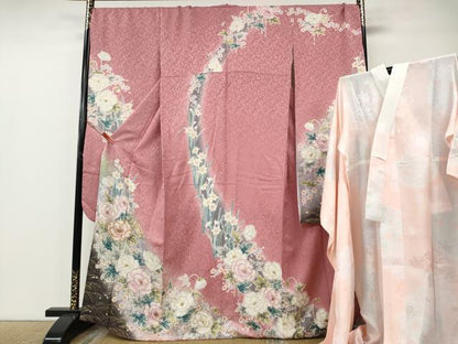 平和屋着物●吉澤友禅　豪華振袖・長襦袢セット　駒刺繍　草花尽くし　暈し染め　金通し地　正絹　逸品　CABE7038ut