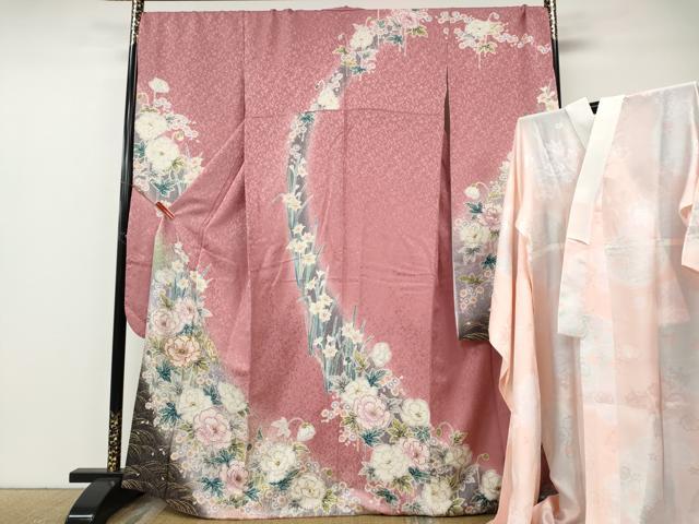 平和屋着物●吉澤友禅　豪華振袖・長襦袢セット　駒刺繍　草花尽くし　暈し染め　金通し地　正絹　逸品　CABE7038ut