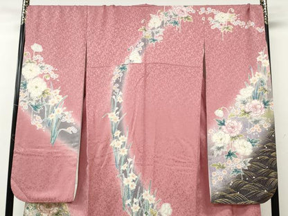 平和屋着物●吉澤友禅　豪華振袖・長襦袢セット　駒刺繍　草花尽くし　暈し染め　金通し地　正絹　逸品　CABE7038ut