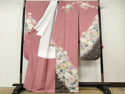 平和屋着物●吉澤友禅　豪華振袖・長襦袢セット　駒刺繍　草花尽くし　暈し染め　金通し地　正絹　逸品　CABE7038ut