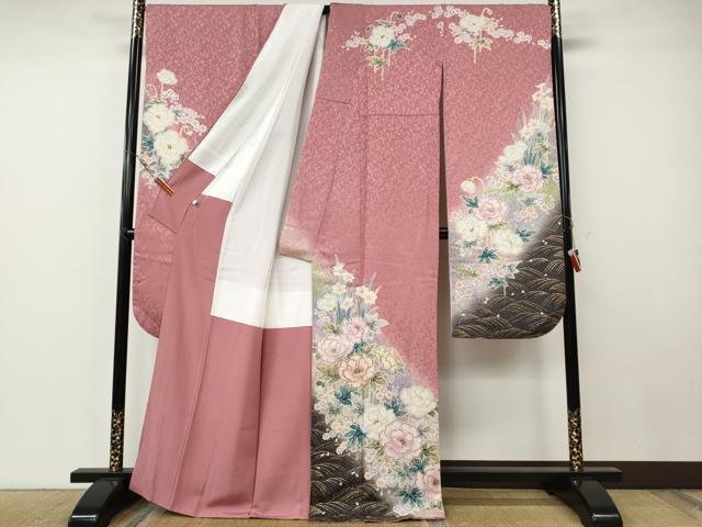 平和屋着物●吉澤友禅　豪華振袖・長襦袢セット　駒刺繍　草花尽くし　暈し染め　金通し地　正絹　逸品　CABE7038ut