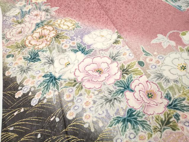 平和屋着物●吉澤友禅　豪華振袖・長襦袢セット　駒刺繍　草花尽くし　暈し染め　金通し地　正絹　逸品　CABE7038ut