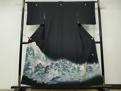 平和屋着物●十日町友禅作家　岡村蒼風　黒留袖　風景草花文　暈し染め　正絹　逸品　CABE7041ut