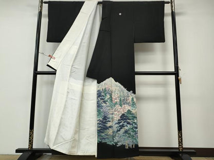平和屋着物●十日町友禅作家　岡村蒼風　黒留袖　風景草花文　暈し染め　正絹　逸品　CABE7041ut