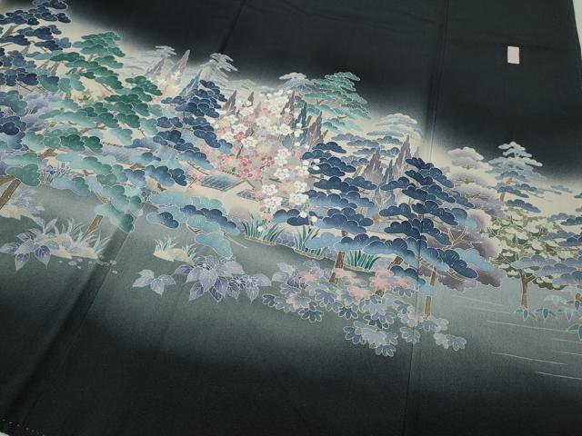平和屋着物●十日町友禅作家　岡村蒼風　黒留袖　風景草花文　暈し染め　正絹　逸品　CABE7041ut