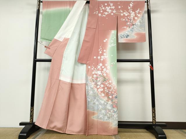 平和屋着物●訪問着　作家物　扇面飛鳥流水草花文　暈し染め　金彩　正絹　逸品　CABE7054ut