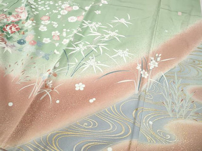 平和屋着物●訪問着　作家物　扇面飛鳥流水草花文　暈し染め　金彩　正絹　逸品　CABE7054ut