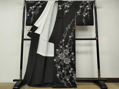 平和屋着物●訪問着　総絞り　枝花文　黒地　正絹　逸品　CABE7057ut