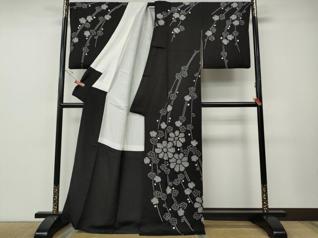 平和屋着物●訪問着　総絞り　枝花文　黒地　正絹　逸品　CABE7057ut