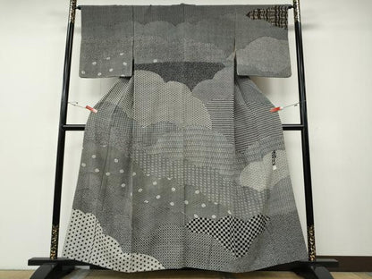 平和屋着物●訪問着　江戸小紋　十二代目　市川団十郎　雲重ね吉祥文　黒地　金彩　正絹　逸品　CABE7061ut