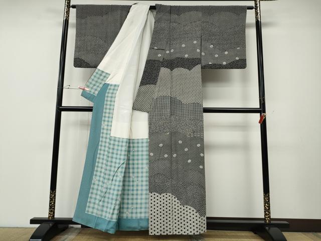 平和屋着物●訪問着　江戸小紋　十二代目　市川団十郎　雲重ね吉祥文　黒地　金彩　正絹　逸品　CABE7061ut