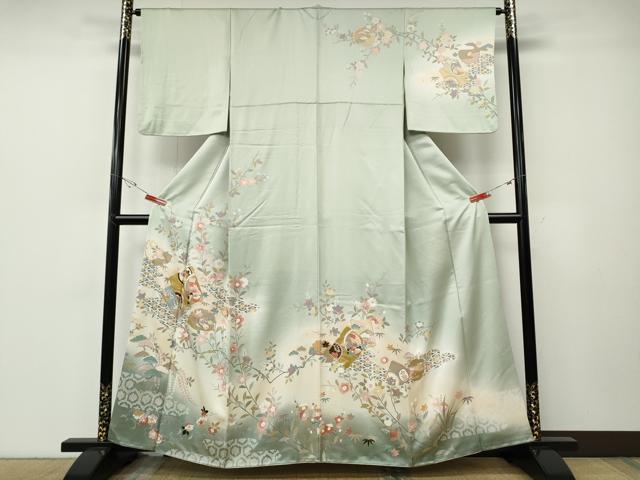 平和屋着物●訪問着　駒刺繍　破れ色紙花蝶文　暈し染め　金彩　正絹　逸品　CABE7064ut