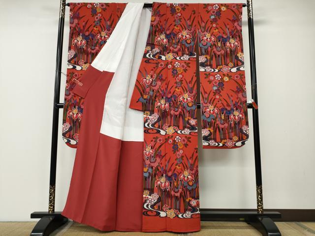 平和屋着物○豪華振袖 型染め 流水草花文 鬼しぼ縮緬 正絹 逸品