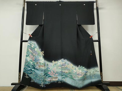 平和屋着物●豪華黒留袖　友禅　作家物　風景草花文　暈し染め　正絹　逸品　CABE7081ut