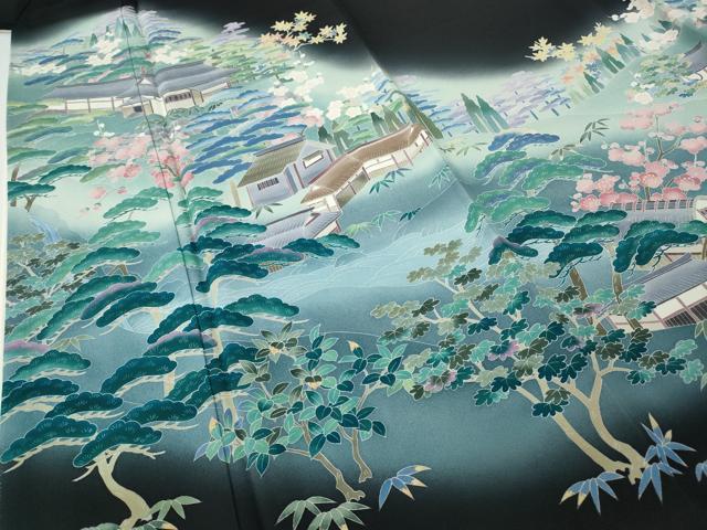 平和屋着物●豪華黒留袖　友禅　作家物　風景草花文　暈し染め　正絹　逸品　CABE7081ut 平和屋着物○豪華黒留袖 友禅 作家物 風景草花文 暈し染め 正絹 逸品