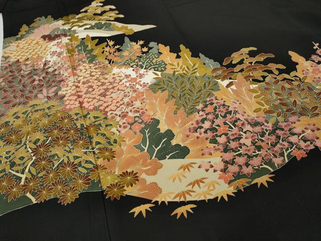 平和屋着物●本加賀友禅作家　押田正義　黒留袖　草花文　正絹　逸品　CABE7082ut 平和屋着物○本加賀友禅作家 押田正義 黒留袖 草花文 正絹 逸品