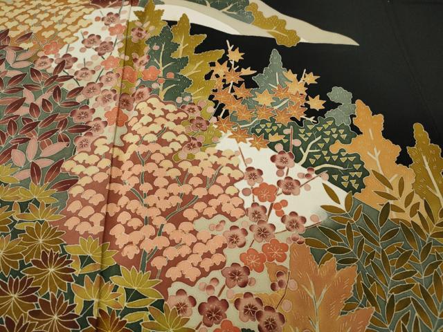 平和屋着物●本加賀友禅作家　押田正義　黒留袖　草花文　正絹　逸品　CABE7082ut 平和屋着物○本加賀友禅作家 押田正義 黒留袖 草花文 正絹 逸品
