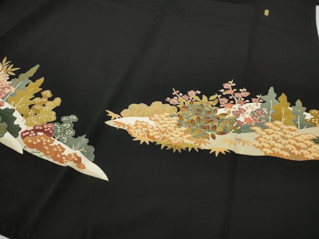 平和屋着物●本加賀友禅作家　押田正義　黒留袖　草花文　正絹　逸品　CABE7082ut 平和屋着物○本加賀友禅作家 押田正義 黒留袖 草花文 正絹 逸品