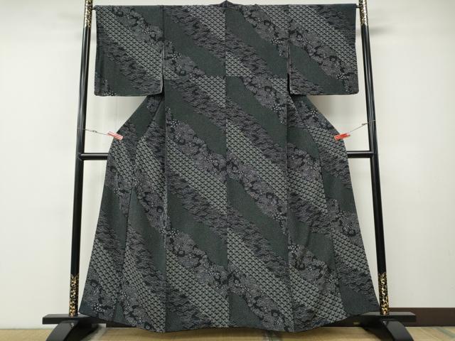 平和屋着物●上質な小紋　道長草花文　黒地　正絹　逸品　CABE7086ut