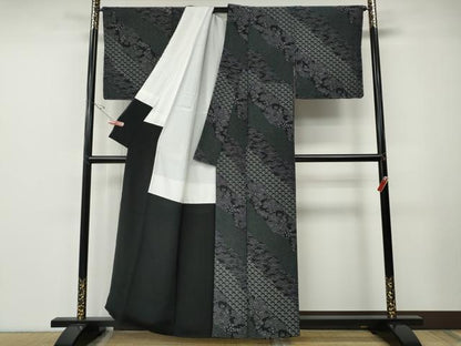平和屋着物●上質な小紋　道長草花文　黒地　正絹　逸品　CABE7086ut