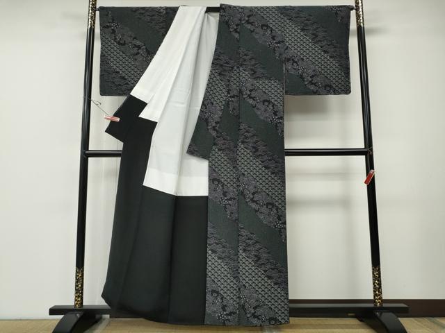 平和屋着物●上質な小紋　道長草花文　黒地　正絹　逸品　CABE7086ut