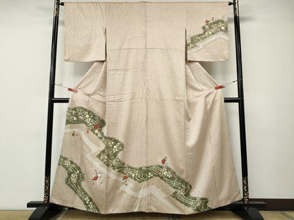 平和屋着物●訪問着　刺繍　杢目絞り　道長草花文　金彩　正絹　逸品　CABE7094ut