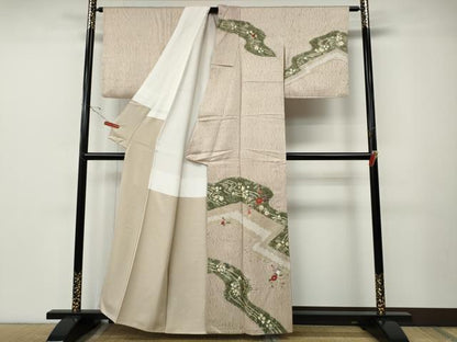 平和屋着物●訪問着　刺繍　杢目絞り　道長草花文　金彩　正絹　逸品　CABE7094ut