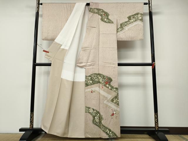平和屋着物●訪問着　刺繍　杢目絞り　道長草花文　金彩　正絹　逸品　CABE7094ut