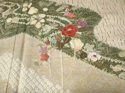 平和屋着物●訪問着　刺繍　杢目絞り　道長草花文　金彩　正絹　逸品　CABE7094ut