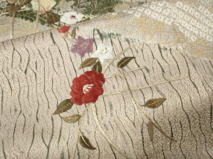 平和屋着物●訪問着　刺繍　杢目絞り　道長草花文　金彩　正絹　逸品　CABE7094ut