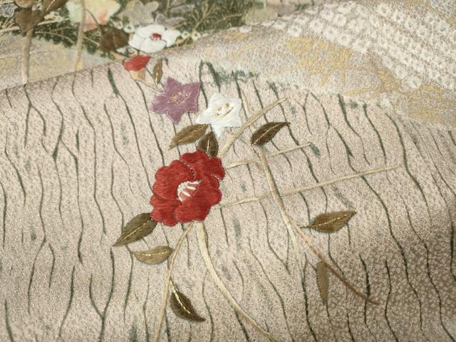 平和屋着物●訪問着　刺繍　杢目絞り　道長草花文　金彩　正絹　逸品　CABE7094ut
