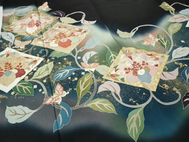 平和屋着物●京友禅の第一人者　松井青々　黒留袖　駒刺繍　菱花唐草舞蝶文　暈し染め　金銀彩　正絹　逸品　CABE7095ut