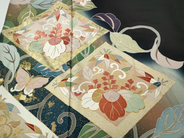 平和屋着物●京友禅の第一人者　松井青々　黒留袖　駒刺繍　菱花唐草舞蝶文　暈し染め　金銀彩　正絹　逸品　CABE7095ut