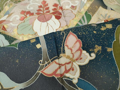 平和屋着物●京友禅の第一人者　松井青々　黒留袖　駒刺繍　菱花唐草舞蝶文　暈し染め　金銀彩　正絹　逸品　CABE7095ut