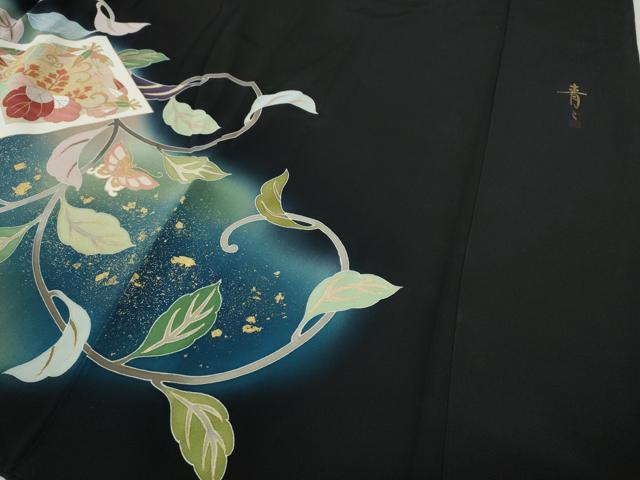 平和屋着物●京友禅の第一人者　松井青々　黒留袖　駒刺繍　菱花唐草舞蝶文　暈し染め　金銀彩　正絹　逸品　CABE7095ut