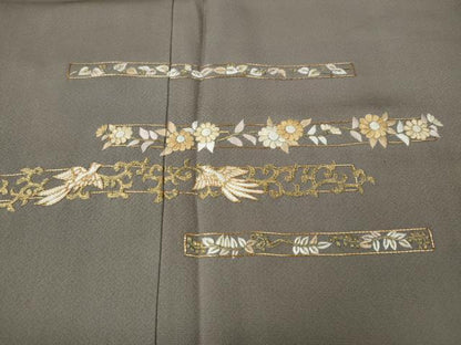 平和屋着物●訪問着　総刺繍　駒刺繍　横段飛鶴草花文　金糸　正絹　逸品　CABE7114ut