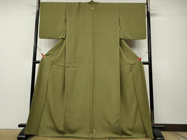 平和屋着物●小紋師　佐野裕一郎　色無地　花唐草地紋　青朽葉色　ロング丈　正絹　逸品　CABE7124ut