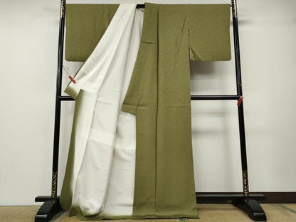 平和屋着物●小紋師　佐野裕一郎　色無地　花唐草地紋　青朽葉色　ロング丈　正絹　逸品　CABE7124ut