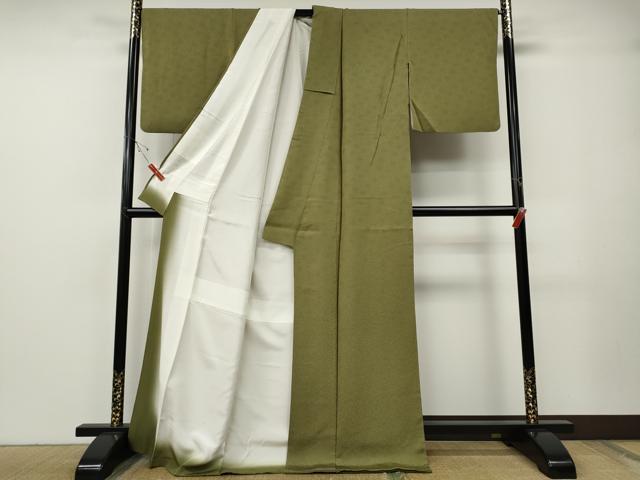平和屋着物●小紋師　佐野裕一郎　色無地　花唐草地紋　青朽葉色　ロング丈　正絹　逸品　CABE7124ut