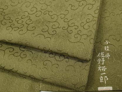 平和屋着物●小紋師　佐野裕一郎　色無地　花唐草地紋　青朽葉色　ロング丈　正絹　逸品　CABE7124ut