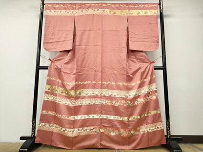 平和屋着物●十日町老舗ブランド　吉澤友禅　吾妻徳穂　訪問着　刺繍　横段草花文　金彩　正絹　逸品　CABE7138ut