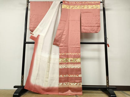 平和屋着物●十日町老舗ブランド　吉澤友禅　吾妻徳穂　訪問着　刺繍　横段草花文　金彩　正絹　逸品　CABE7138ut