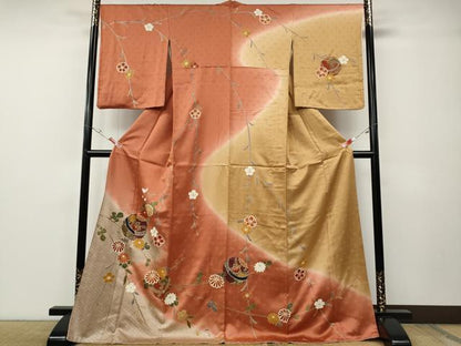 平和屋着物●中国三大刺繍　相良刺繍　訪問着　鞠花文　暈し染め　金彩　ロング丈　正絹　逸品　CABE7150ut
