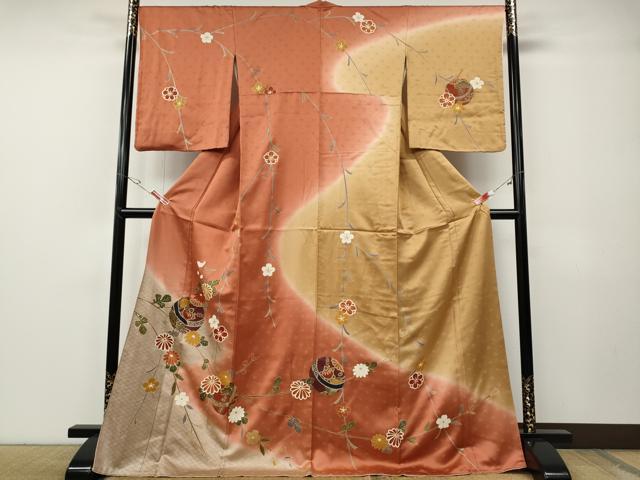 平和屋着物●中国三大刺繍　相良刺繍　訪問着　鞠花文　暈し染め　金彩　ロング丈　正絹　逸品　CABE7150ut