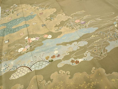 平和屋着物●千くさ染繍　色留袖　刺繍　エ霞飛鶴草花文　金彩　三越扱い　正絹　逸品　CABE7156ut
