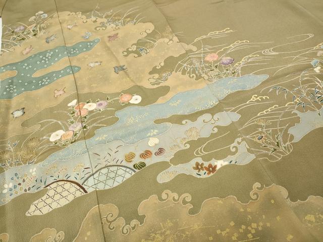 平和屋着物●千くさ染繍　色留袖　刺繍　エ霞飛鶴草花文　金彩　三越扱い　正絹　逸品　CABE7156ut