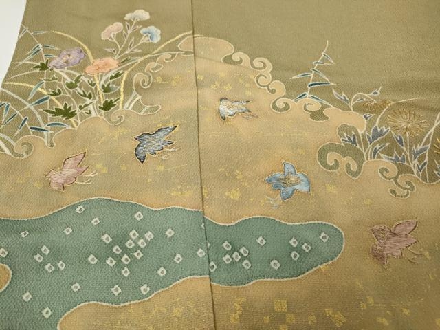 平和屋着物●千くさ染繍　色留袖　刺繍　エ霞飛鶴草花文　金彩　三越扱い　正絹　逸品　CABE7156ut