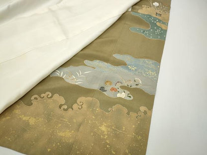 平和屋着物●千くさ染繍　色留袖　刺繍　エ霞飛鶴草花文　金彩　三越扱い　正絹　逸品　CABE7156ut