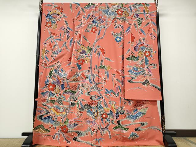 平和屋着物●豪華振袖　型染め　風景舞蝶花文　上代35万　仮絵羽　逸品　未使用　CABE7159ut